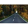 country road at autumn season with bright orange colors at morning sunrise