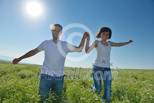 happy young couple in love have romance and fun at wheat field in summer happy young couple in love have romance and fun at wheat field in summer