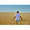 young man in wheat field representing success agriculture and freedom concept