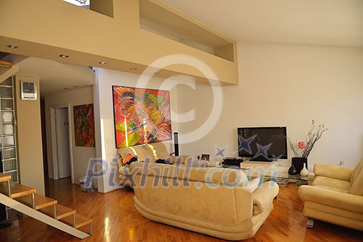 Modern living room with couches and TV in new apartment Modern living room with couches and TV in new apartment