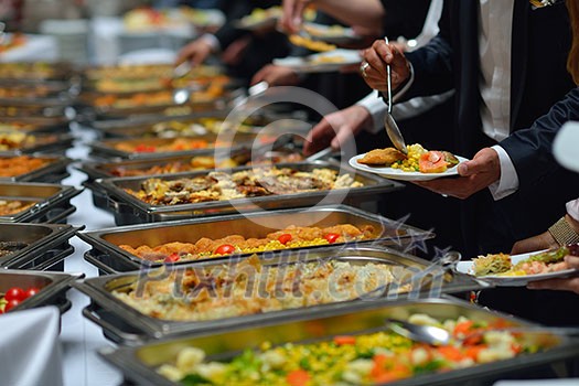 people group catering buffet food indoor in luxury restaurant with meat colorful fruits  and vegetables