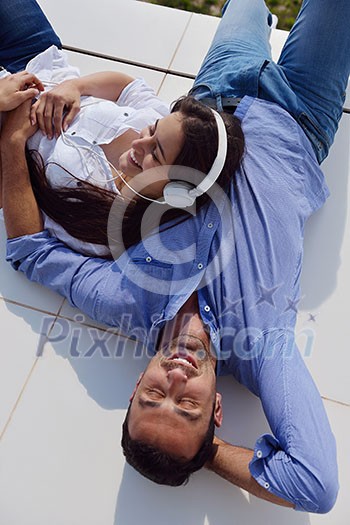 romantic happy young couple relax at modern home outdoors