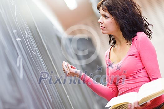 Pretty young elementary school/college teacher writing on the chalkboard/blackboard during a chemistry class (color toned image; shallow DOF) class (color toned image; shallow DOF) Pretty young elementary school/college teacher writing on the chalkboard/blackboard during a chemistry class (color toned image; shallow DOF) class (color toned image; shallow DOF)