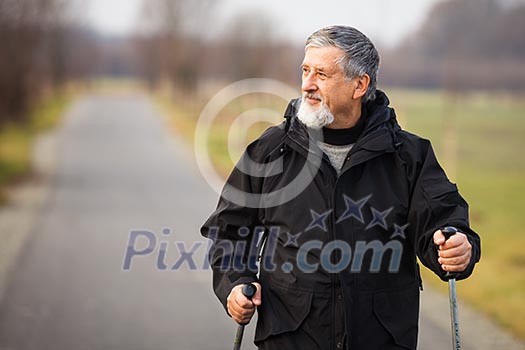 Senior man nordic walking, enjoying the outdoors Senior man nordic walking, enjoying the outdoors