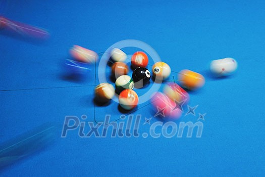 billiard sport game balls on blue table on billiard club ready to play