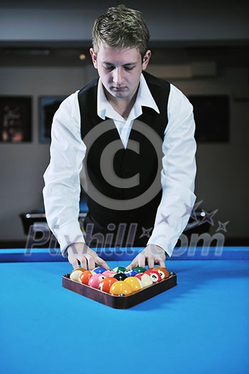 young pro billiard player finding best solution and right angle at billard or snooker pool sport game young pro billiard player finding best solution and right angle at billard or snooker pool sport game