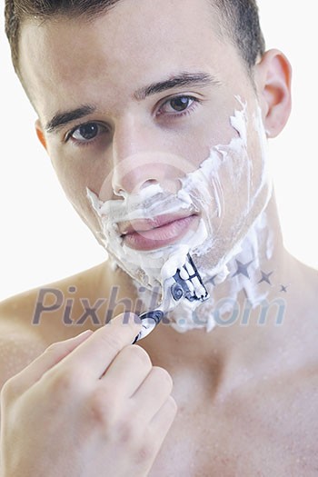young handsome man have shaving isolated on white 