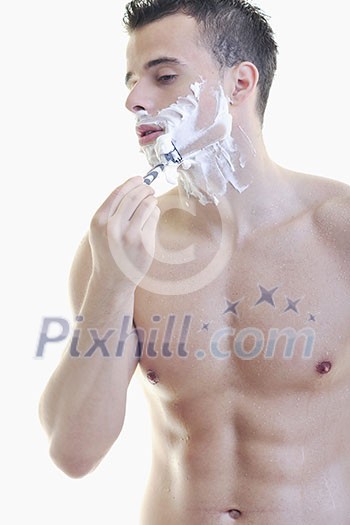 young handsome man have shaving isolated on white