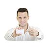 happy young business man with empty card isolated on white