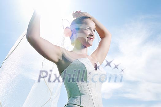 happy young beautiful bride after wedding ceremony event have fun happy young beautiful bride after wedding ceremony event have fun