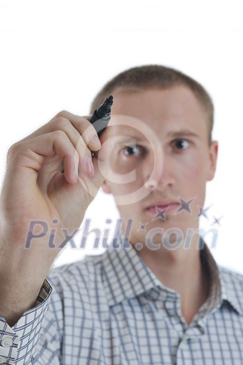 handsome young business man touching screen isolated on white bacground handsome young business man touching screen isolated on white bacground