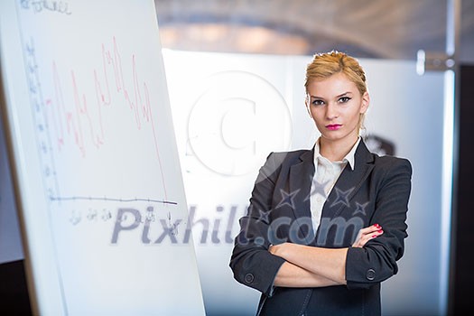 Woman making a business presentation - business success growth chart. Business woman drawing graph showing profit growth on whiteboard Woman making a business presentation - business success growth chart. Business woman drawing graph showing profit growth on whiteboard