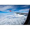Spectacular view from  an airplane's window, offering a view of lovely clouds and blue sky while traveling fast