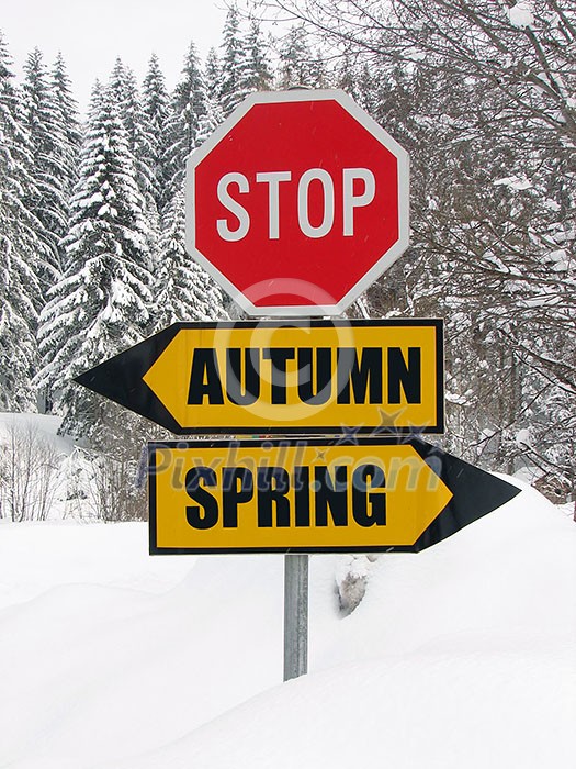 autumn and spring roadsign at cold winter day