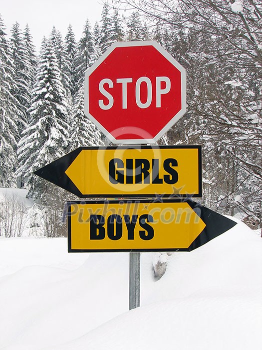 girls and boys roadsign in nature