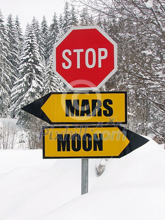 in middle of the starway, mars and moon roadsign in middle of the starway, mars and moon roadsign