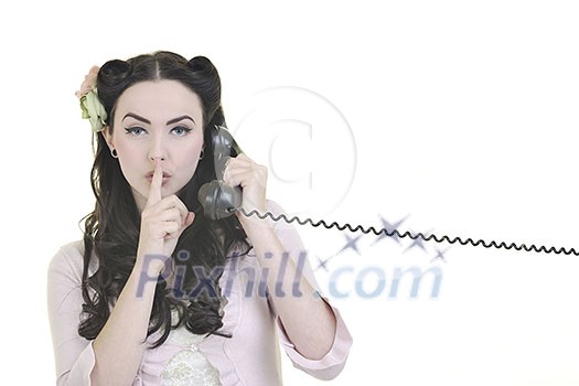 beautiful young woman girl talking on old phone isolated on white in studio