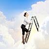 Image of young ambitious businesswoman climbing ladder. Promotion concept