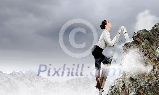 Image of young ambitious businesswoman climbing ladder. Promotion concept Image of young ambitious businesswoman climbing ladder. Promotion concept