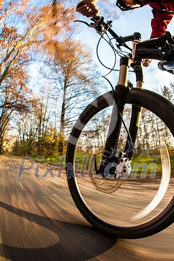 Bicycle riding in a city park on a lovely autumn/fall day (motion blur is used to convey movement)