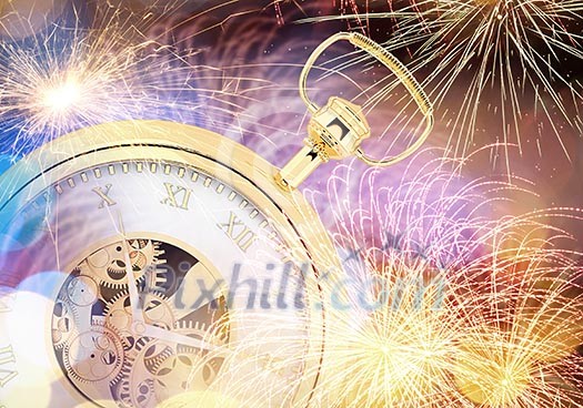Conceptual image of clock with bokeh lights and firework Conceptual image of clock with bokeh lights and firework