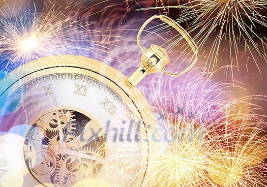 Conceptual image of clock with bokeh lights and firework