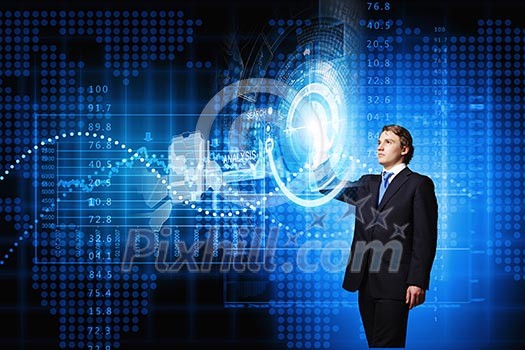 Businessman in suit touching icon of media screen
