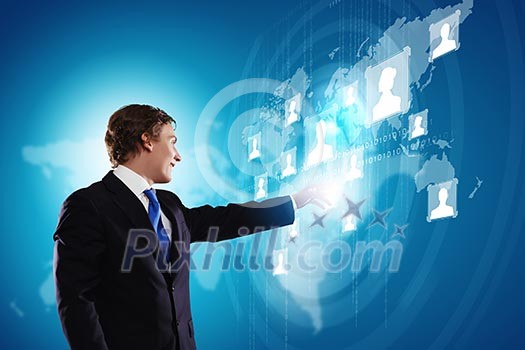 Businessman in suit against digital background with icons Businessman in suit against digital background with icons