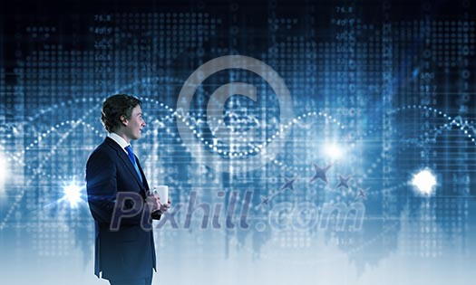 Businessman in suit against digital background with icons