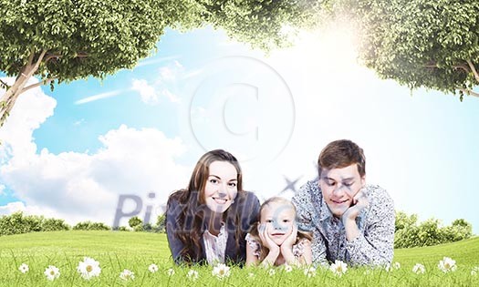 Young happy family of father mother and daughter
