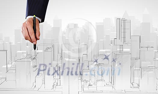 Close up of male hand drawing construction project Close up of male hand drawing construction project