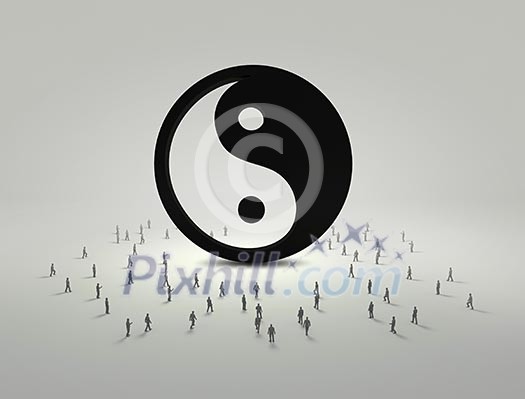 Conceptual image with yin yang sign and silhouettes of businesspeople around Conceptual image with yin yang sign and silhouettes of businesspeople around