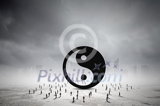 Conceptual image with yin yang sign and silhouettes of businesspeople around Conceptual image with yin yang sign and silhouettes of businesspeople around