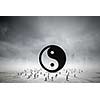 Conceptual image with yin yang sign and silhouettes of businesspeople around