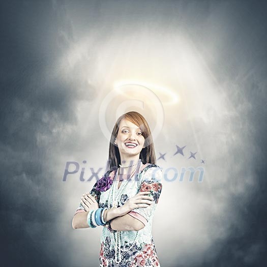 Young pretty woman standing under sun lights Young pretty woman standing under sun lights