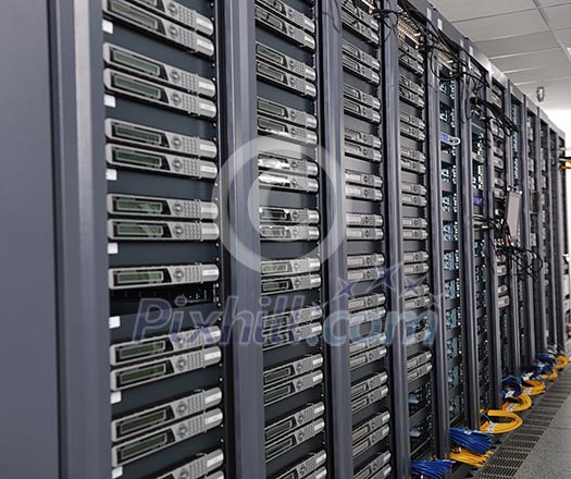 internet network server room with computers racks and digital receiver for digital tv