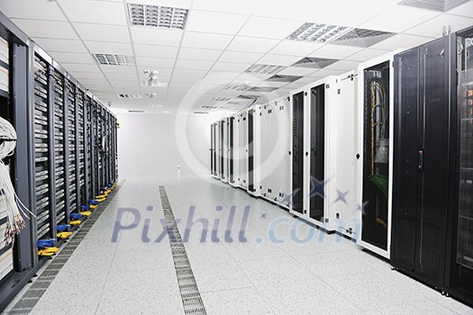 internet network server room with computers racks and digital receiver for digital tv