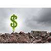 Conceptual image of green dollar sign growing on ruins