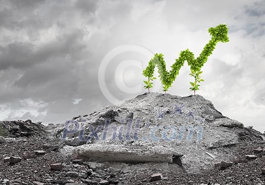Conceptual image with increasing graph growing on ruins Conceptual image with increasing graph growing on ruins