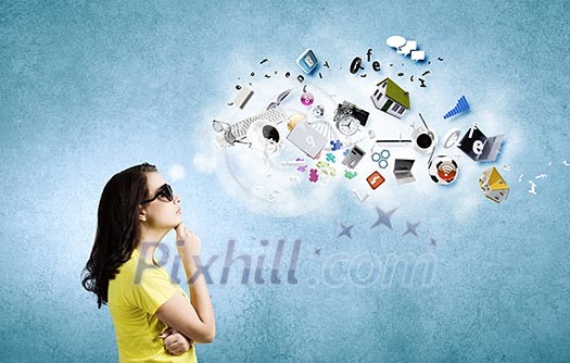 Young woman in casual with blank speech bubble above Young woman in casual with blank speech bubble above