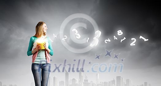 Young girl holding bucket with flying out characters Young girl holding bucket with flying out characters