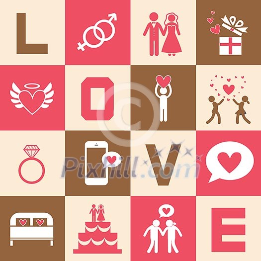 Valentine's day and wedding icons set 