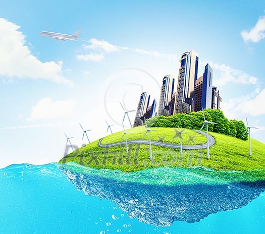 City on island floating in water. Global warming City on island floating in water. Global warming