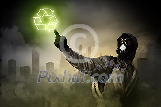 Image of stalker touching media sign. Pollution and disaster