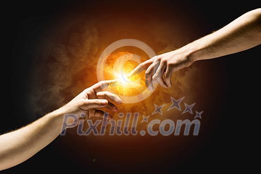 Michelangelo God's touch. Close up of human hands touching with fingers Michelangelo God's touch. Close up of human hands touching with fingers
