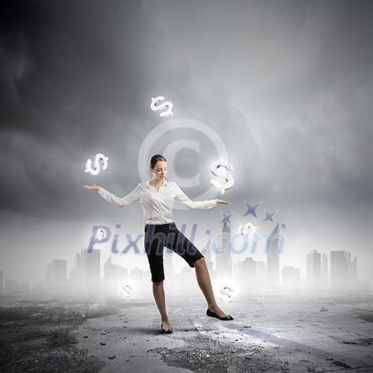 Image of businesswoman juggling with dollar symbols. Currency concept Image of businesswoman juggling with dollar symbols. Currency concept