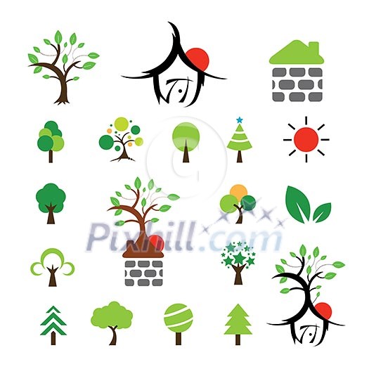 vector house and tree symbol set vector house and tree symbol set
