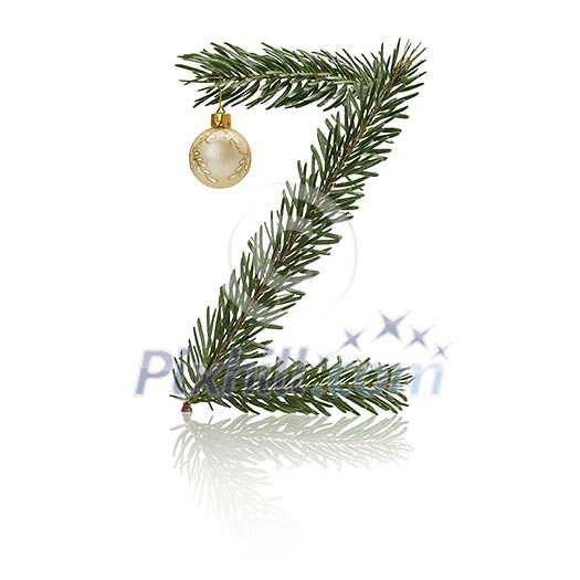 Letter Z made from fir branches, decorated with christmas balls and reflection.