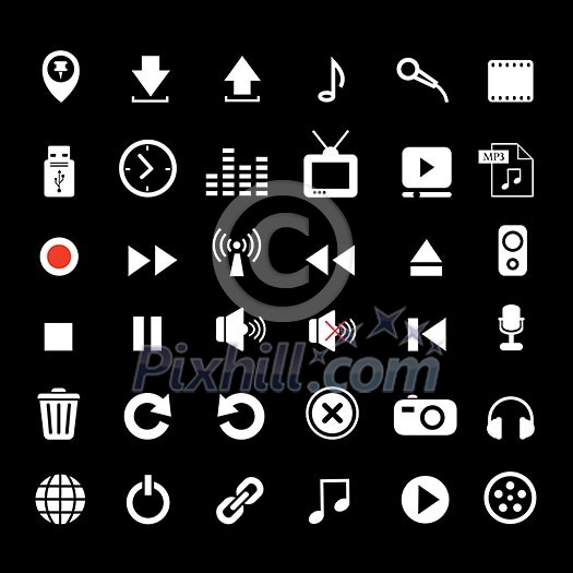 music button  icon set on black background  
