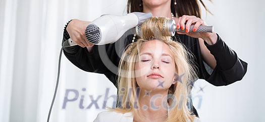 Pretty, young woman having her hair done by a professional hairstylist